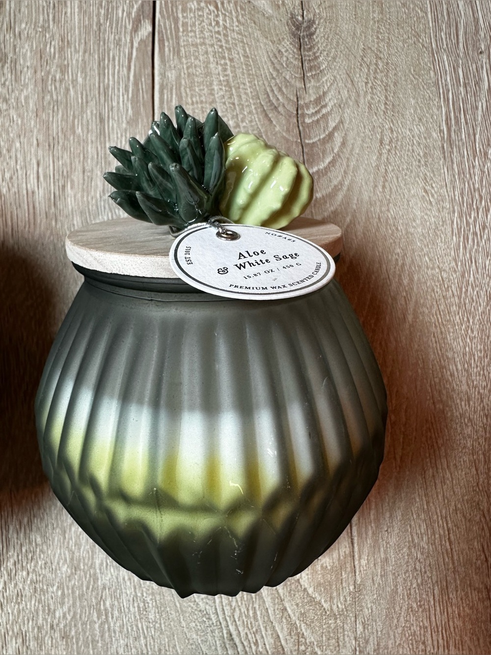 Green Ceramic Succulent Candle Jar with Wooden Lid set of 2 - Picture 5 of 11